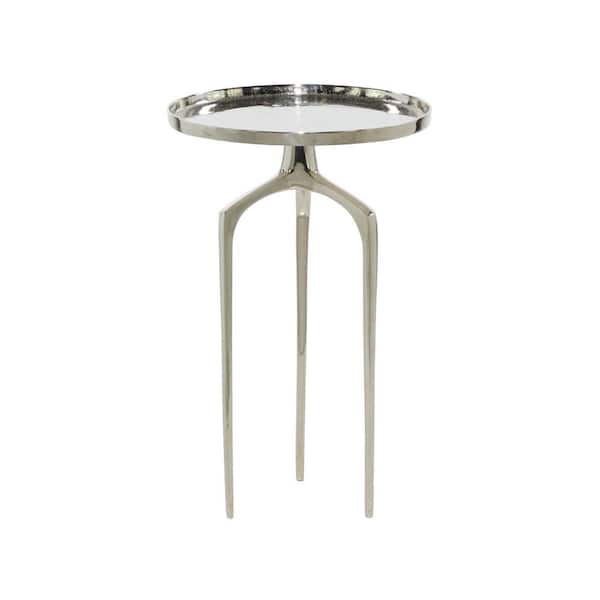 Litton Lane 16 in. Silver Tray Inspired Top Large Round Aluminum End Accent Table with 3 Tripod Legs