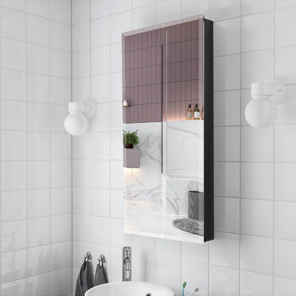 15 in. W x 36 in. H Black Aluminum Recessed/Surface Mount Bathroom Medicine Cabinet with Mirror, 3 Glass shelves price history on PriceWatchPro