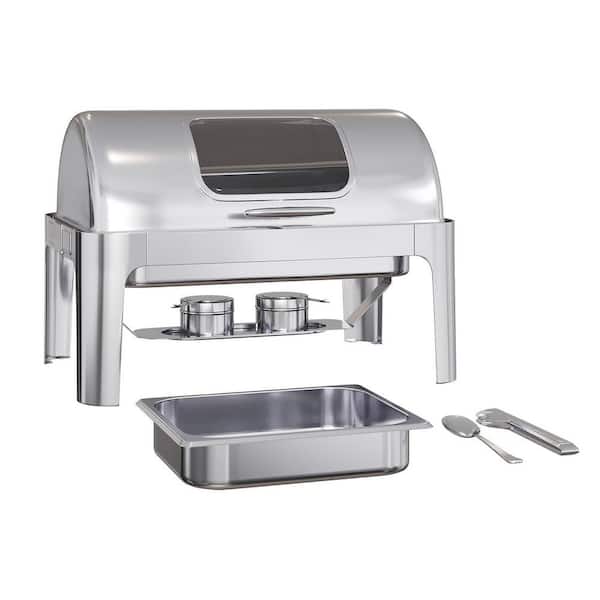 9 Qt. Rectangular Stainless Steel Chafing Dish Buffet Server with Visible Roll Top & 2 Half-Size Pans