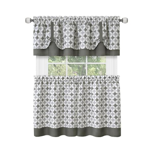 ACHIM Callie Grey Polyester Light Filtering Rod Pocket Tier and Valance Curtain Set 58 in. W x 24 in. L