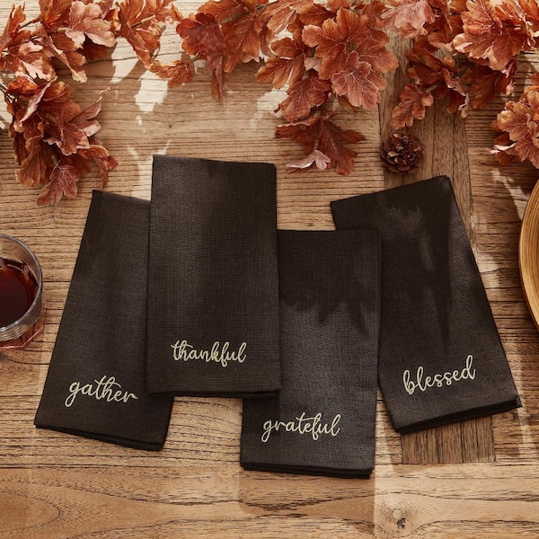 Harvest Sentiment Embroidered Napkins, Set of 4, Brown - 17"W x 17"L