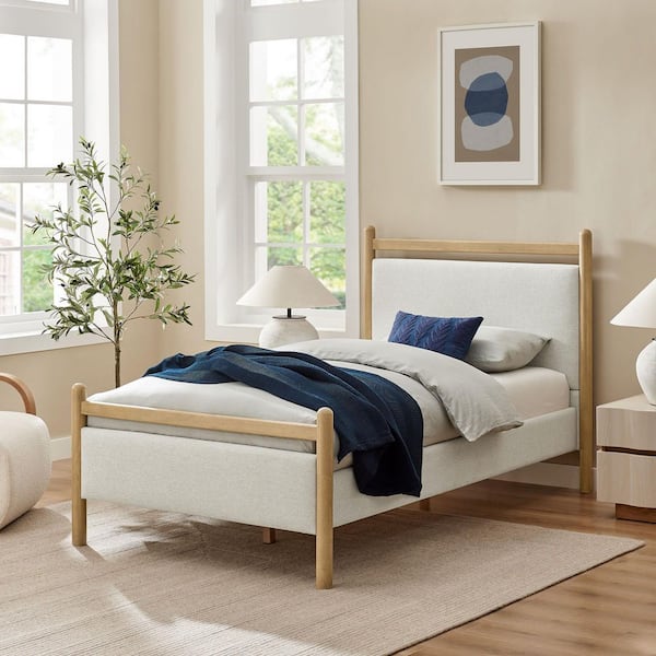 Ginny White Solid Wood Frame Twin Platform Bed in Light Oak Heathered Ivory