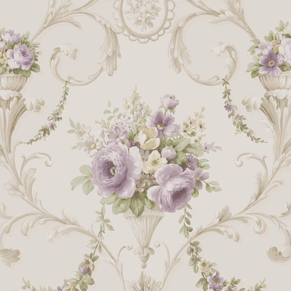 Ornamental Floral Wallpaper in Beige, Yellow and Purple