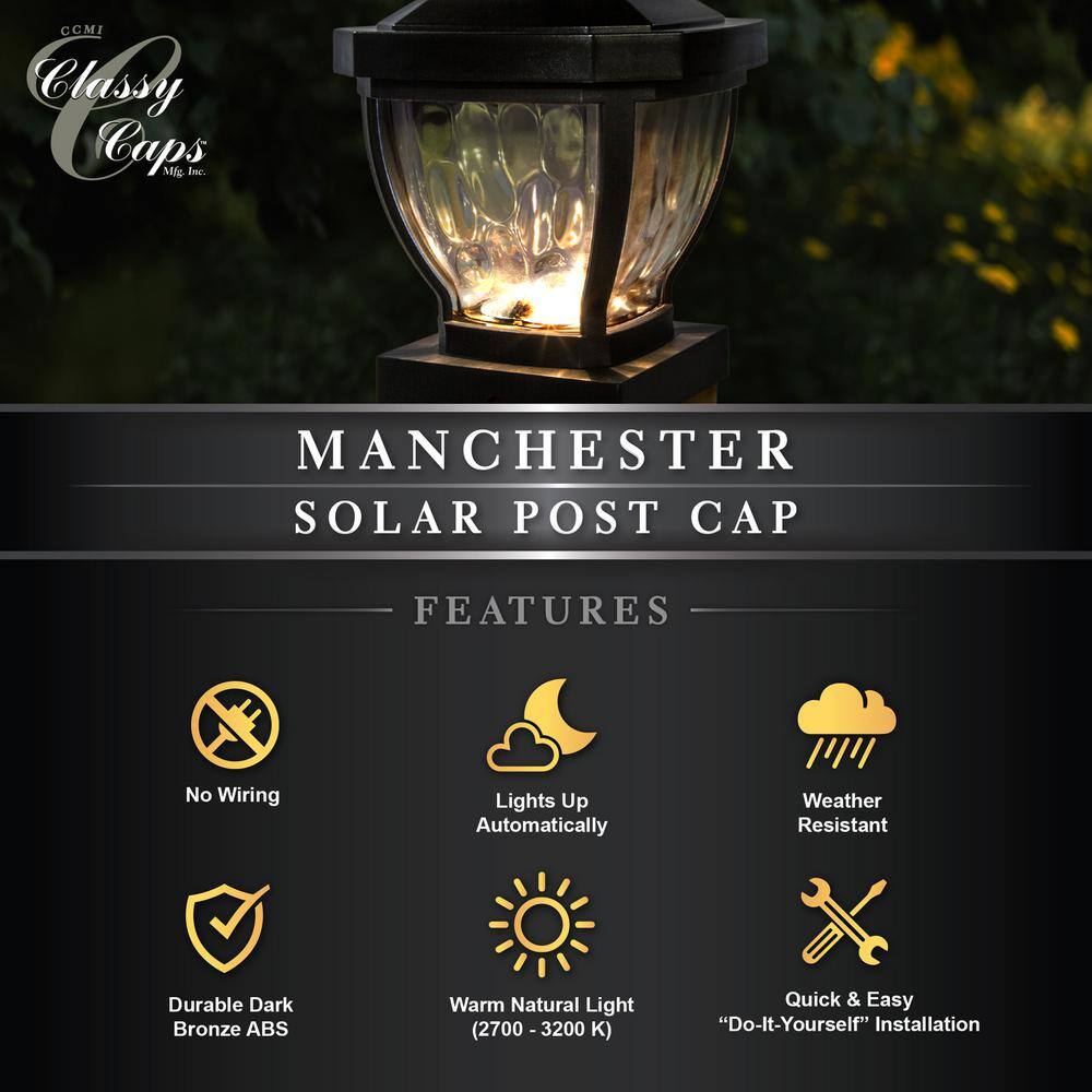 Manchester Dark Bronze Solar LED Outdoor Post Cap Light with Water Glass