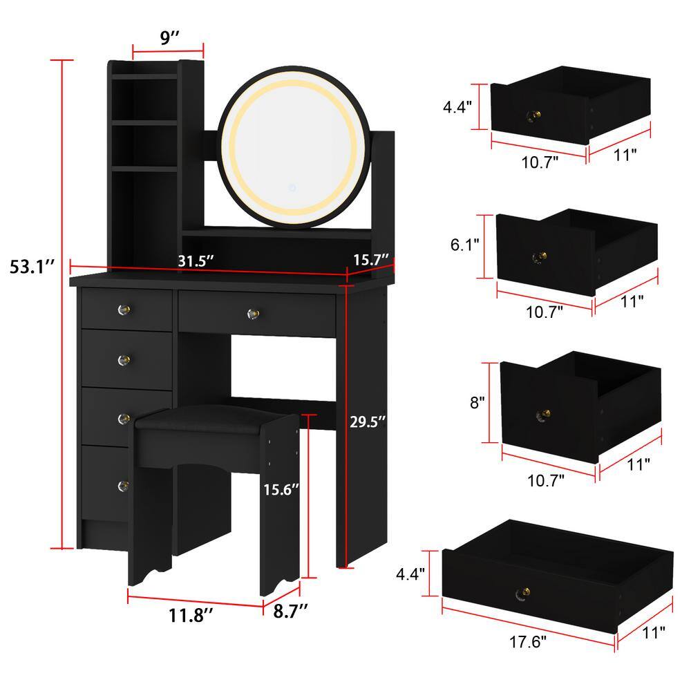 5-Drawers White Wood Makeup Vanity Set Dressing Desk W/ Stool, LED Round Mirror and Storage Shelves 52x 31.5x 15.7 in. - thumbnail 9
