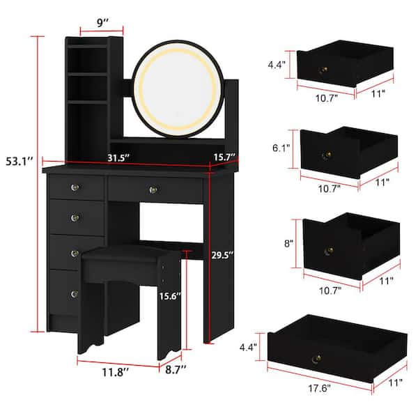 WIAWG 5-Drawers White Makeup Vanity Table Set with Stool Dressing Desk  Vanity Wood with Round Mirror Storage Shelves WFKF210095-01 - The Home Depot