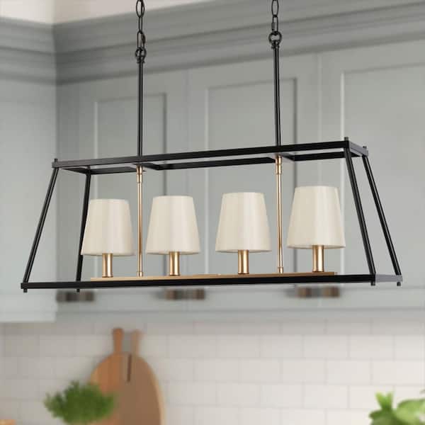 Zevni 4-Light Black Linear Chandelier Lighting, Fabric Shades Island Pendant Light, Modern Brass Gold Hanging Light