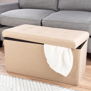 Beige Large Folding Storage Bench Ottoman with Removable Bin