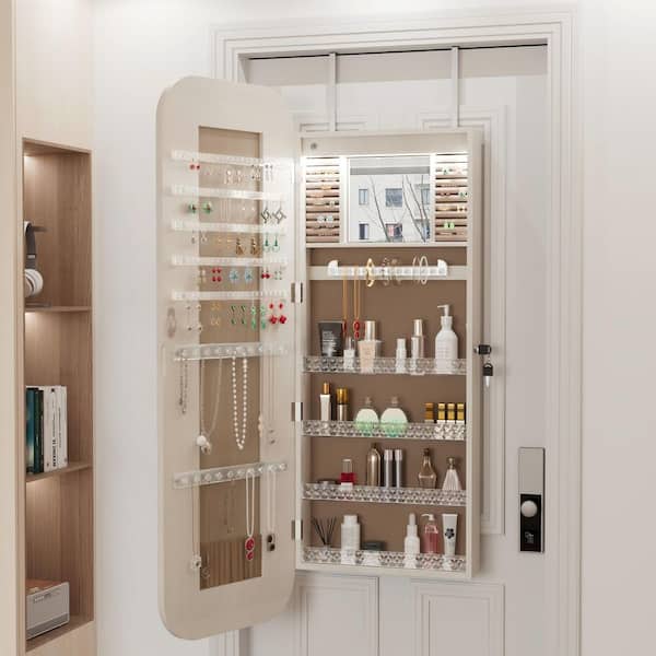 White 14.5 in. W x 47.2 in. H Wood Full-Length Mirror Jewelry Armoire Organizer, Door/Wall Mount, Lockable Storage