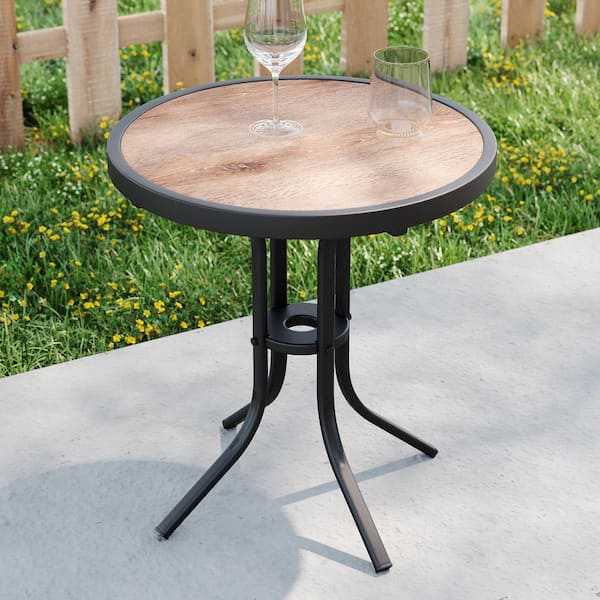 Sonkuki Patio Round Metal Steel Side Frame Outdoor Side Table with Wood-grain Tabletop
