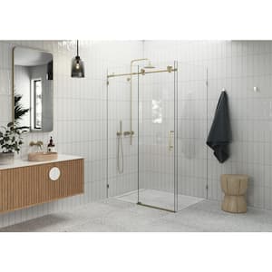 48 in. W x 78 in. H Rectangular Sliding Frameless Corner Shower Enclosure in Brass with Clear Glass