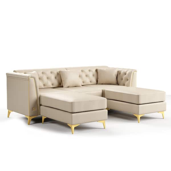 81.5 in. 3-Piece Faux Leather Chesterfield Modular Tufted Sectional Sofa with 2-Ottomans, 3-Pillows in Beige and White
