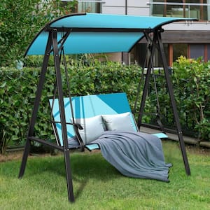 Turquoise 2-Person Metal Porch Swing with Adjustable Sunshade Canopy