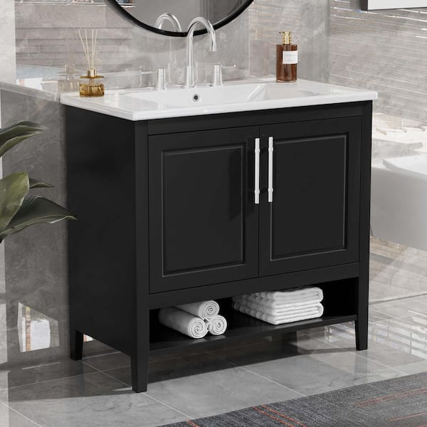 36 in. Freestanding Black Bath Vanity with White Ceramic Sink Top Doors and Drawers, MDF Frame