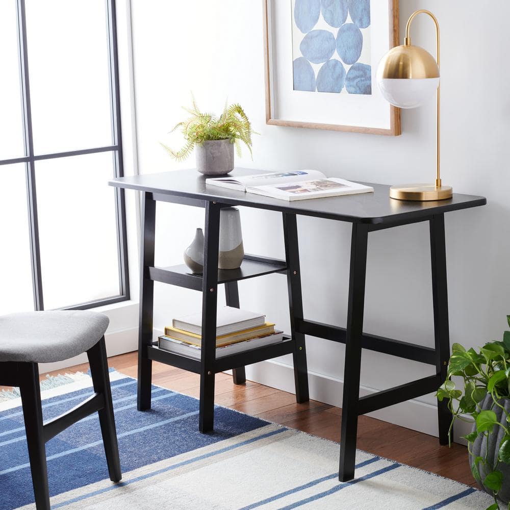 Matte Black Solid Wood Writing Desk with Shelves