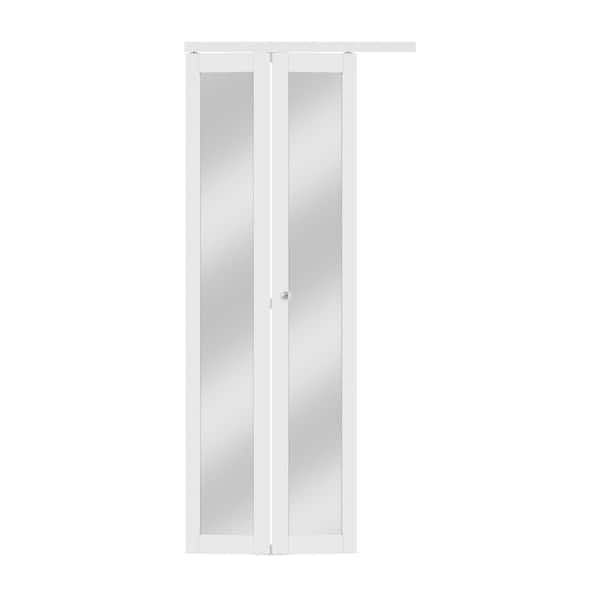 36 in. x 80 in. 1-Lite Mirror and MDF White Solid Core Prefinishied Closet Bifold Door with Hardware Kit