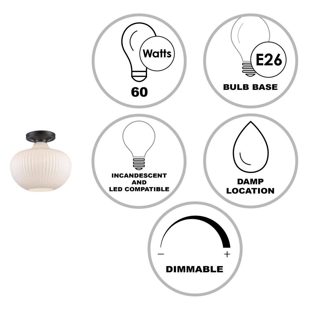 Aristo 12" Black Globe Semi-Flush Ceiling Light with Ribbed Glass Shade
