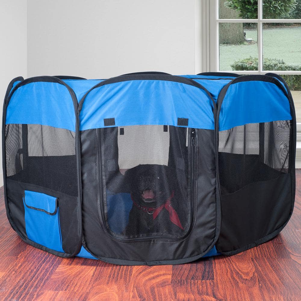 Blue and Black Portable Pop-Up Pet Playpen with Mesh Windows