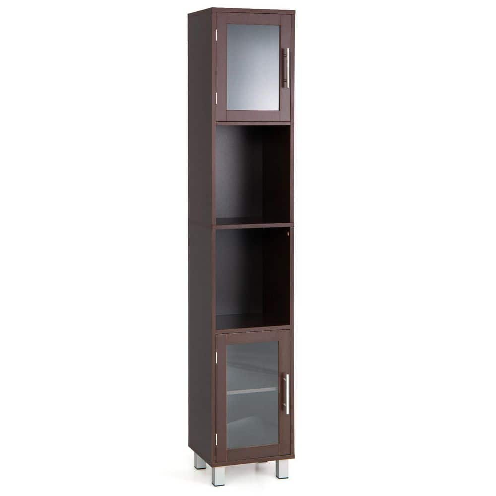 ANGELES HOME 13 in. W x 12 in. D x 71 in. H Brown Tower Bathroom Storage Linen Cabinet with Tempered Glass Doors and Open Shelves -  SA58-9HW777CF