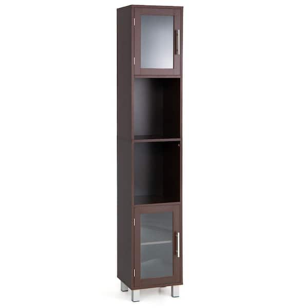 ANGELES HOME 13 in. W x 12 in. D x 71 in. H Brown Tower Bathroom Storage Linen Cabinet with Tempered Glass Doors and Open Shelves