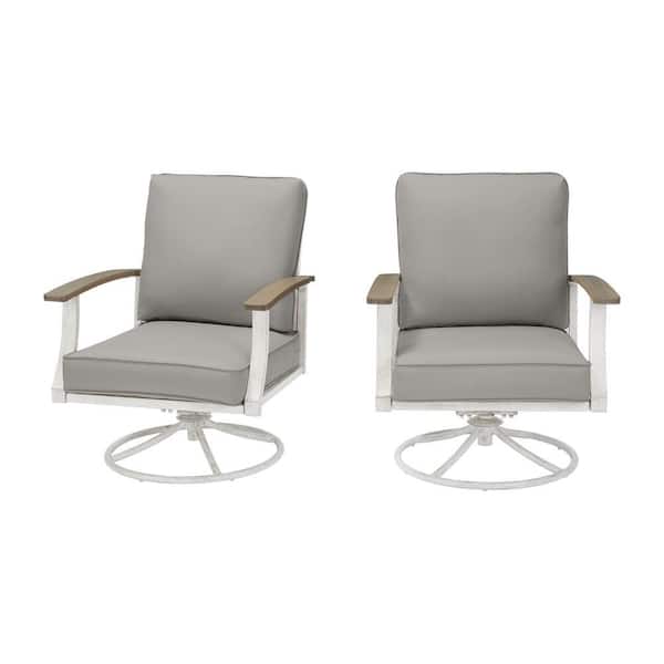 Hampton Bay Marina Point White Steel Outdoor Patio Swivel Lounge Chair with CushionGuard Stone Gray Cushions (2-Pack)