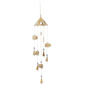 32 in. Gold Mango Wood Elephant Indoor Outdoor Windchime with Glass Beads and Cone Bells