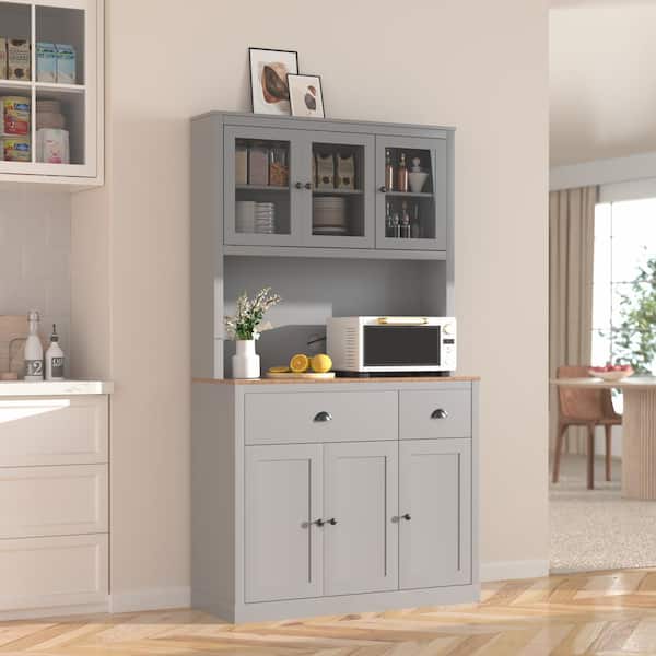 VEIKOUS Kitchen Pantry Organizers with Adjustable Shelves, Buffet Cupboard and Microwave Stand in Gray