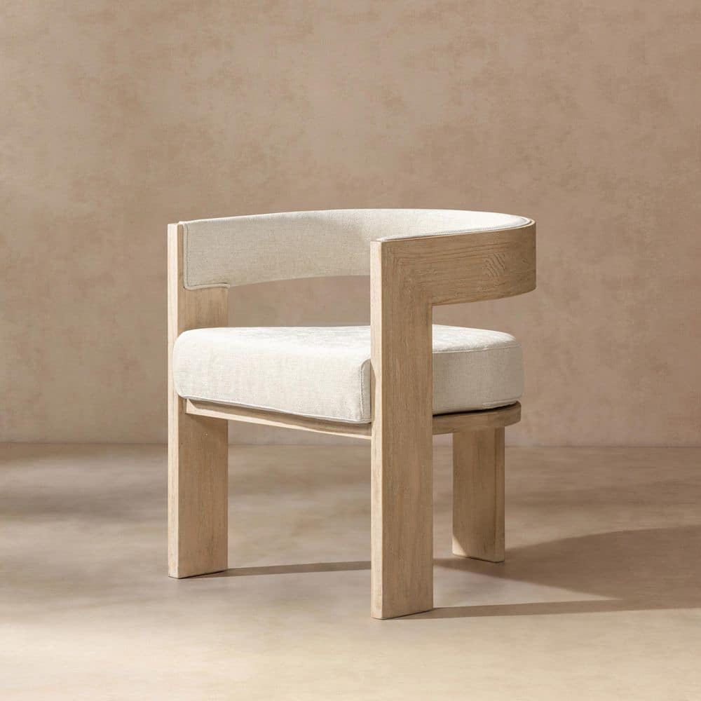 Wren Upholstered Reclaimed Pine Dining Arm Chair, Light Natural Brown, Soft Flax Light Beige Chenille