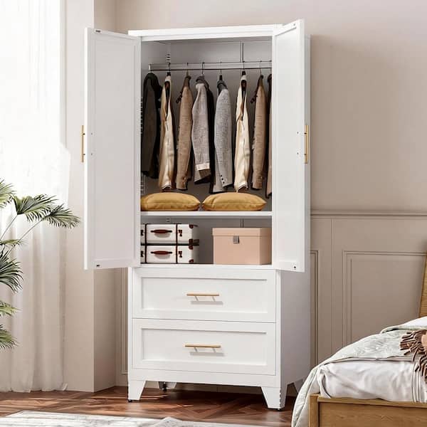 White 31.5 in. W Steel Wardrobe Armoire with 2-Drawers, Hanging Rod and Adjustable Shelf for Bedroom Storage