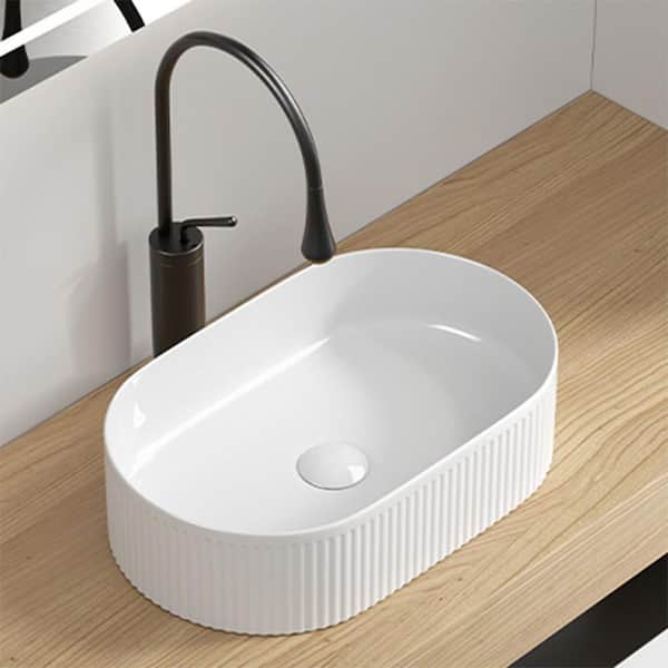 19.3 in. L Oval White Ceramic Bathroom Vessel Sink with Wavy Texture Design, Above Counter Single Bowl Art Basin