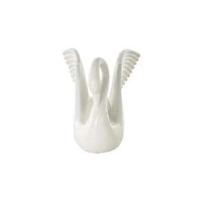 7 in. x 8 in. White Ceramic Swan Sculpture with Textured Grooves