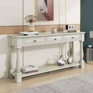 63 in. Antique White Rectangle Wood Console Table with Drawers and Shelf for Entryway, Hallway, Living Room