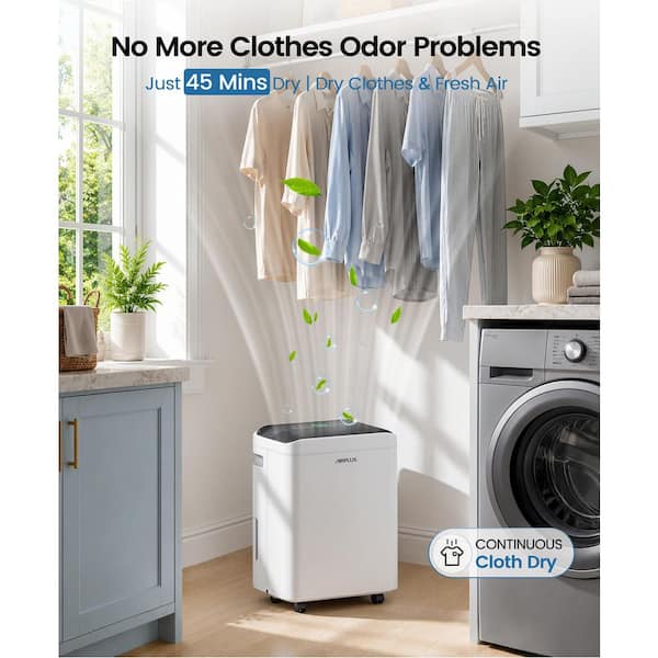 50 pt. 4,500 sq. ft. Dehumidifier for Basement in White with Drain Hose, Bucket, Continous Run, Ionizer, Quier Cloth Dry