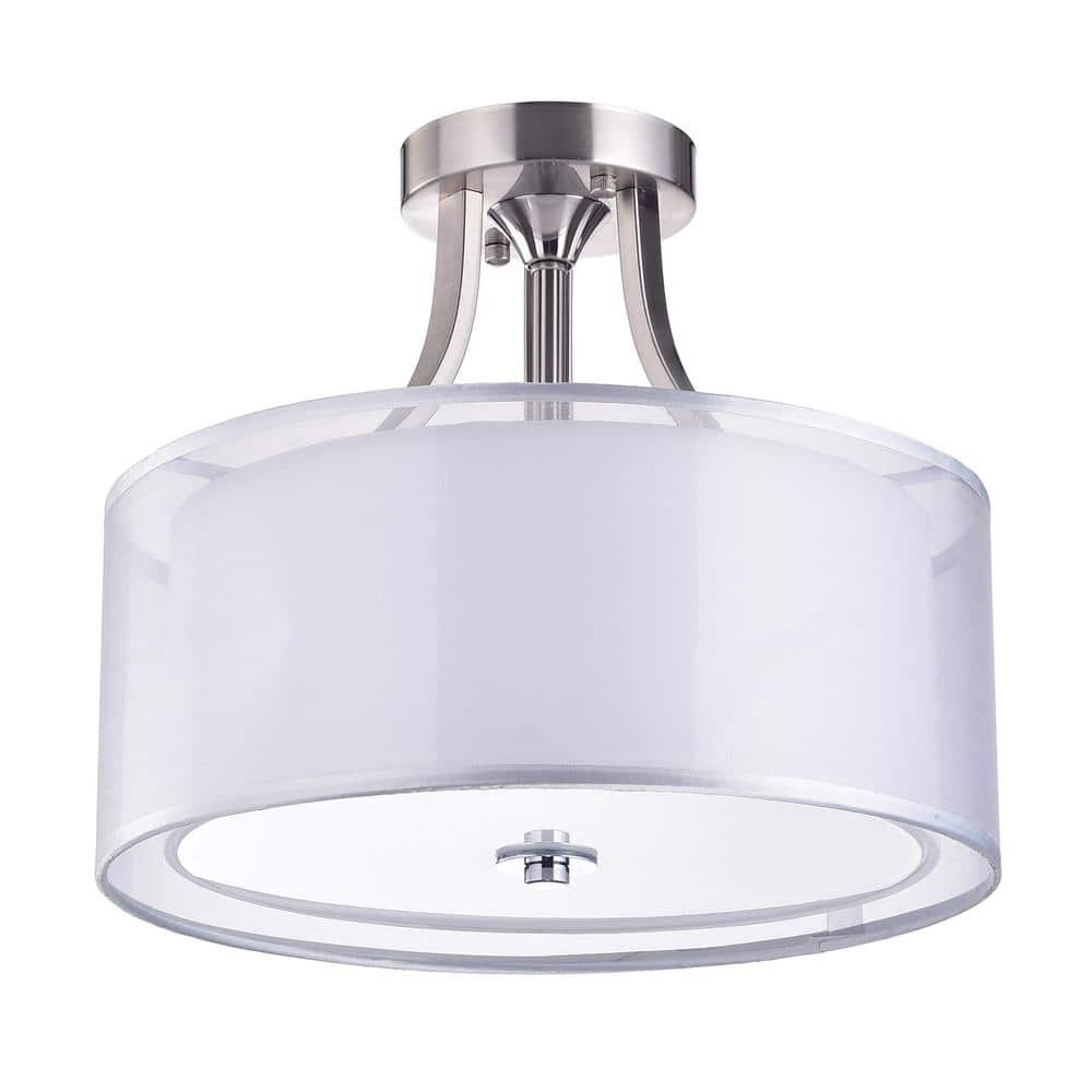Modern Brushed Nickel 13.8" Double Drum Crystal Semi Flush Mount Chandelier