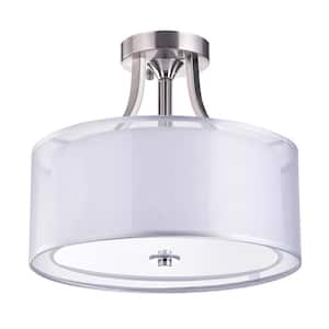 Belle 14 in. Modern 3-Light Brushed Nickel Semi-Flush Mount with Double Drum Shades