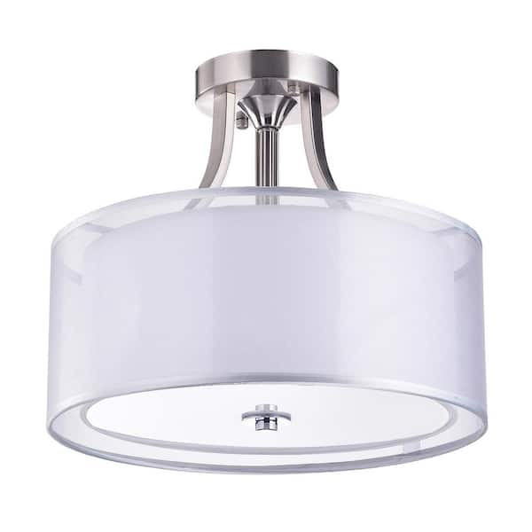Edvivi Belle 14 in. Modern 3-Light Brushed Nickel Semi-Flush Mount with Double Drum Shades