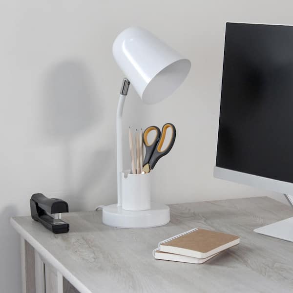 15.75 in. Metal Desk Lamp w/Gooseneck & Organizer, White Finish for Dorm or Kids Room