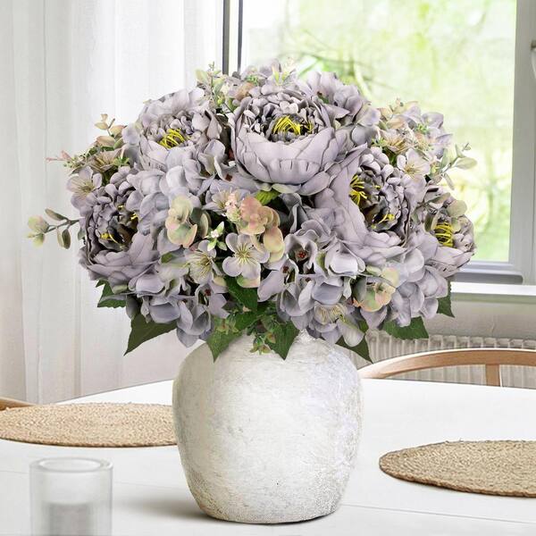LIVING LUXURY 17 in. Grey Artificial Mixed Peony Hydrangea Blossom