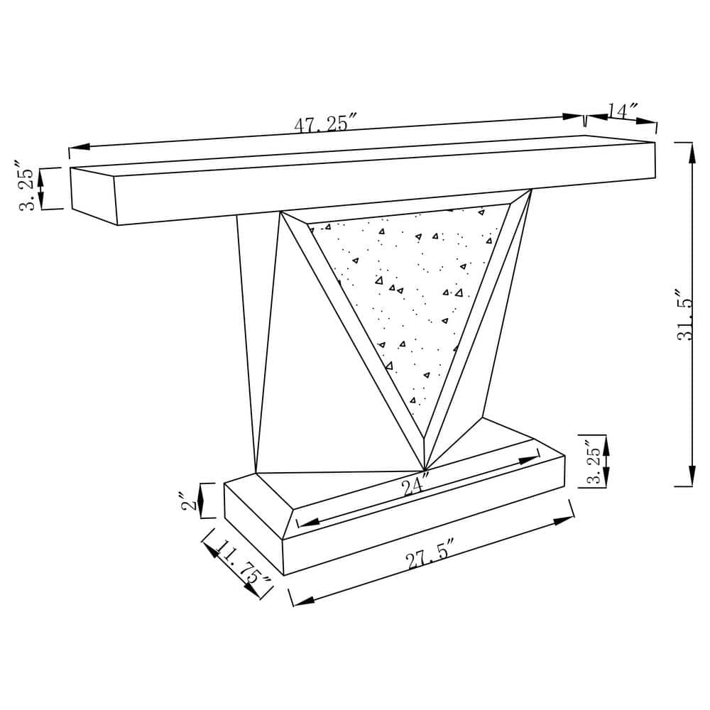 Silver Mirrored Rectangular Sofa Table with Triangle Detailing