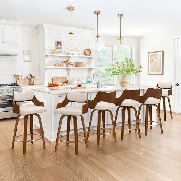 Gaspa 26 in. Ivory Premium Faux Leather Swivel Bar Stool with Solid Walnut Wood Frame and Open Back Support Set of 6