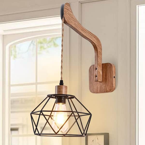 Oaks Aura Luce 11.41 in. 1-Light Matte Black Farmhouse Industrial Adjustable Wall Sconce, Wood Grain Finish with Black Shade