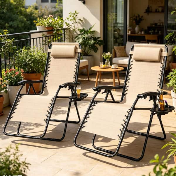 Set of 2 Zero Gravity Folding Lounge Chairs, 300lb Capacity, 90-170° Adjustable Recliner with Headrest & Removable Tray