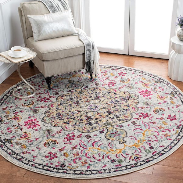 Gray Polypropylene 5 ft. x 5 ft. Medallion Indoor Round Area Rug