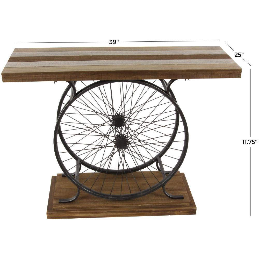 Industrial Brown Wood and Metal Wheel Console Table with Storage