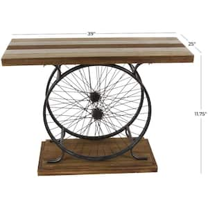 39 in. Brown Rectangle Wood Wide Slatted Top Bike Console Table with Dual Wheel Frame and Tiered Base