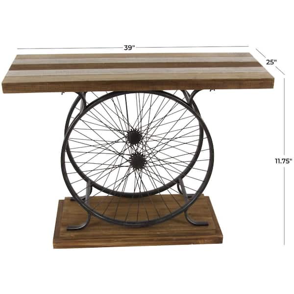 39 in. Brown Rectangle Wood Wide Slatted Top Bike Console Table with Dual Wheel Frame and Tiered Base