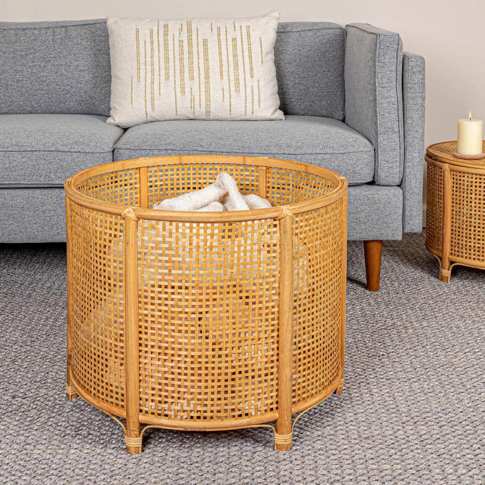 Natural Bamboo and Rattan Round Accent Table with Storage