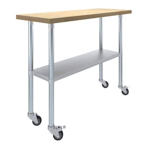 Maple Wood Top 18 in. x 48 in. Kitchen Prep Table with Casters and Adjustable Bottom Shelf.