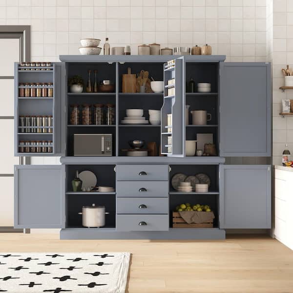 Freestanding Large Gray Kitchen Pantry Organizer with 8-Door Shelves, 8-Adjustable Shelves, 4-Drawers
