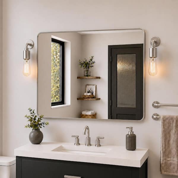 48 in. W x 36 in. H Rectangular Framed Wall Bathroom Vanity Mirror in Brushed Nickel